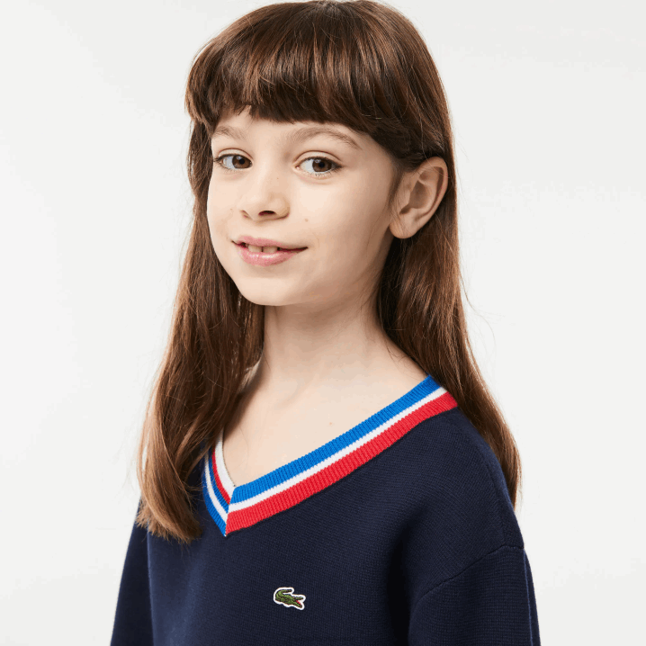 tamnoplava bijela qrn 6H4B3284 djeca Lacoste pamučni pulover s kontrastnim prugama