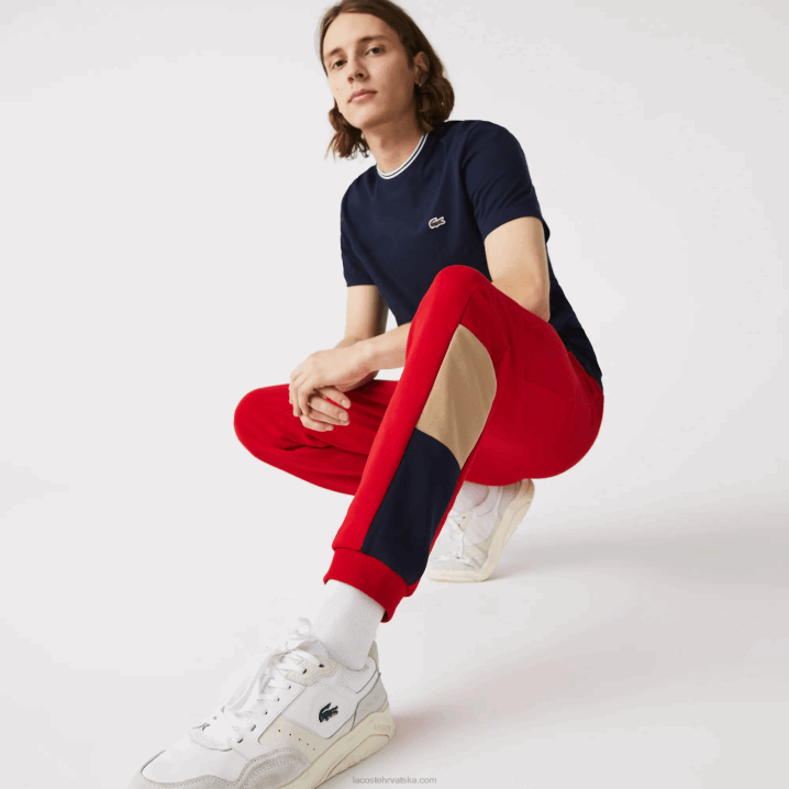 crvena bež tamnoplava 1fu 6H4B1109 muškarci Lacoste brendirane colorblock flis jogging hlače