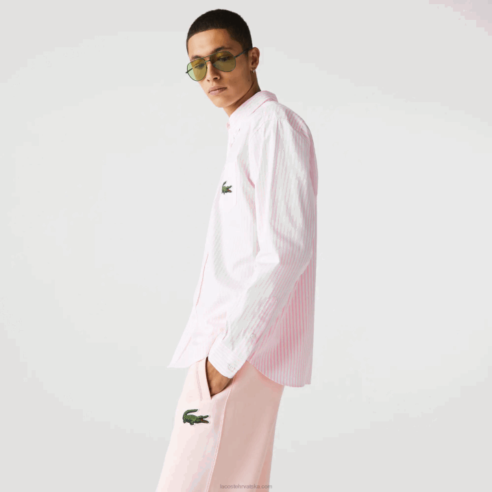 bijela svijetlo roza 7fd 6H4B412 muškarci Lacoste velika krokodil pamučna košulja opuštenog kroja