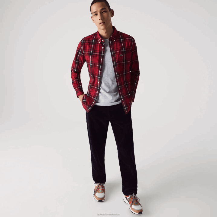 bordo crno bijelo llu 6H4B1612 muškarci Lacoste uska kockasta rastezljiva pamučna popelin košulja