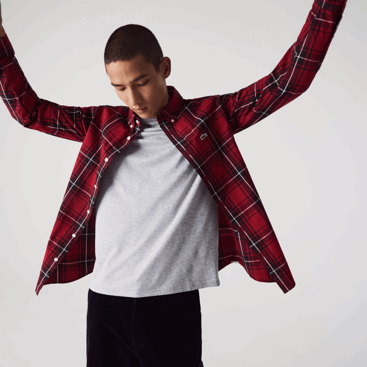 bordo crno bijelo llu 6H4B1612 muškarci Lacoste uska kockasta rastezljiva pamučna popelin košulja