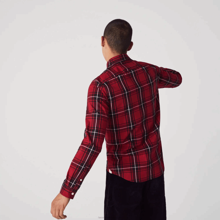 bordo crno bijelo llu 6H4B1612 muškarci Lacoste uska kockasta rastezljiva pamučna popelin košulja