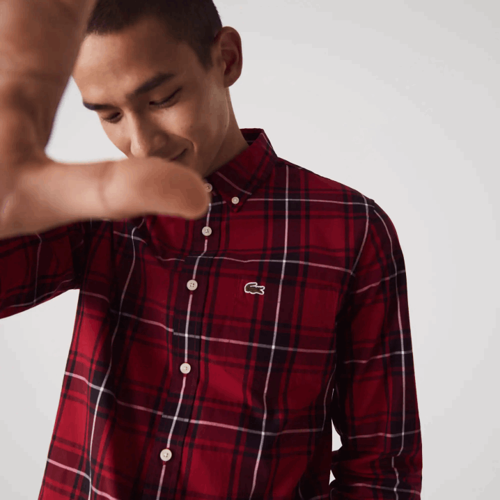 bordo crno bijelo llu 6H4B1612 muškarci Lacoste uska kockasta rastezljiva pamučna popelin košulja