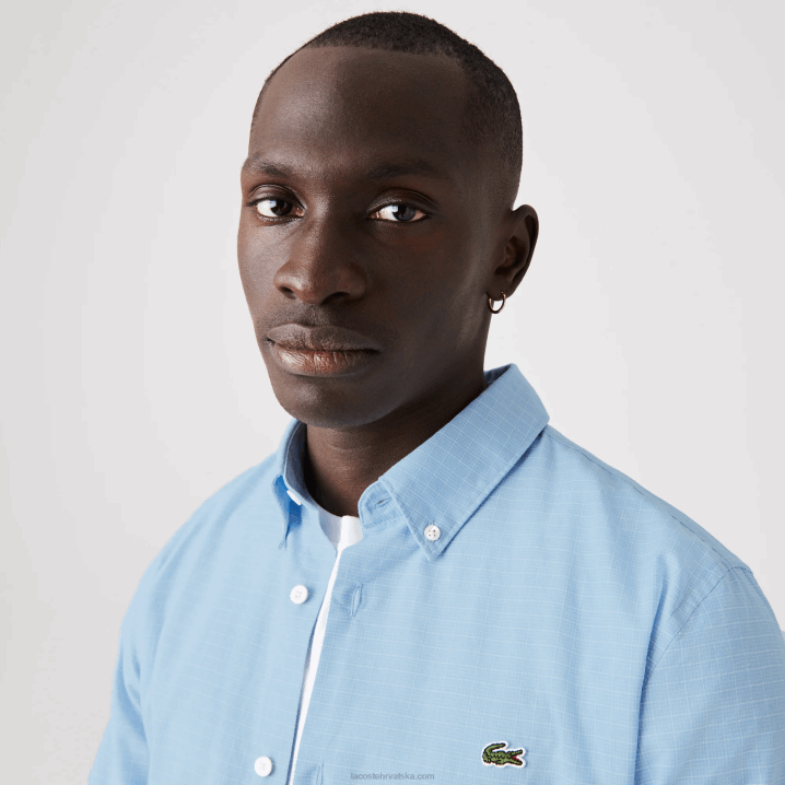 plavo bijelo fv2 6H4B1647 muškarci Lacoste uska kockasta košulja od pamuka i lana