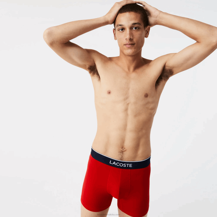 mornarsko plava siva kinesko crvena w3t 6H4B1428 muškarci Lacoste duge rastezljive pamučne bokserice s markom u struku pakiranje od 3 komada