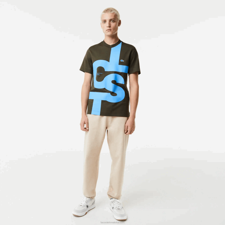 kaki zeleni s7t 6H4B567 muškarci Lacoste pamučna majica kratkih rukava s kontrastnim slovima uobičajenog kroja