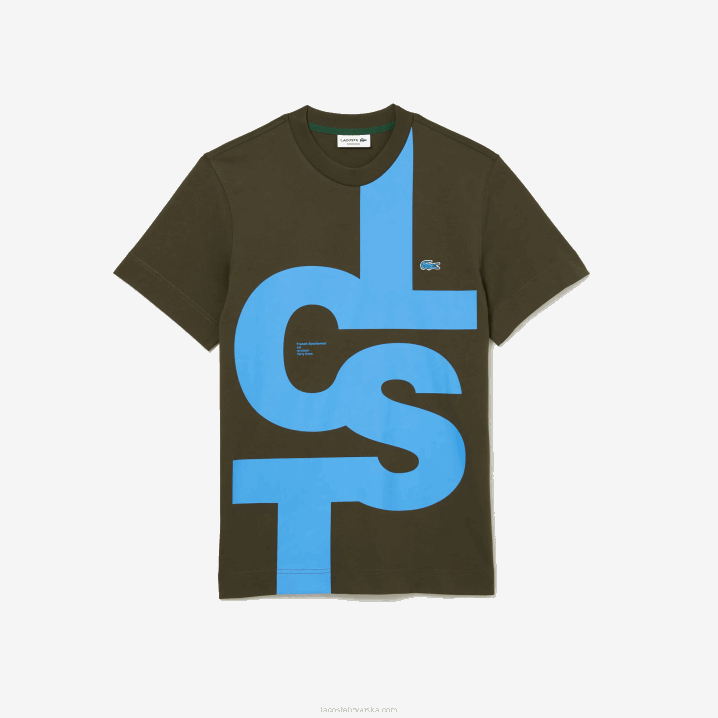 kaki zeleni s7t 6H4B567 muškarci Lacoste pamučna majica kratkih rukava s kontrastnim slovima uobičajenog kroja