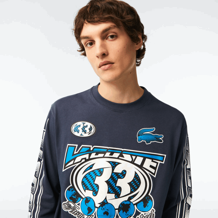 plavi xie 6H4B148 muškarci Lacoste široka majica s printom dugih rukava