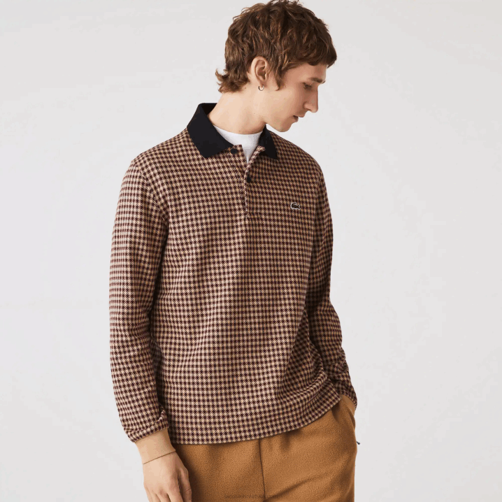 bež tamnoplava bordo v40 6H4B924 muškarci Lacoste opušteni kroj polo s printom tartana