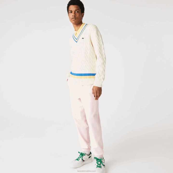 bijela žuta plava 7mz 6H4B1518 muškarci Lacoste klasični vuneni pulover s kontrastnim prugama