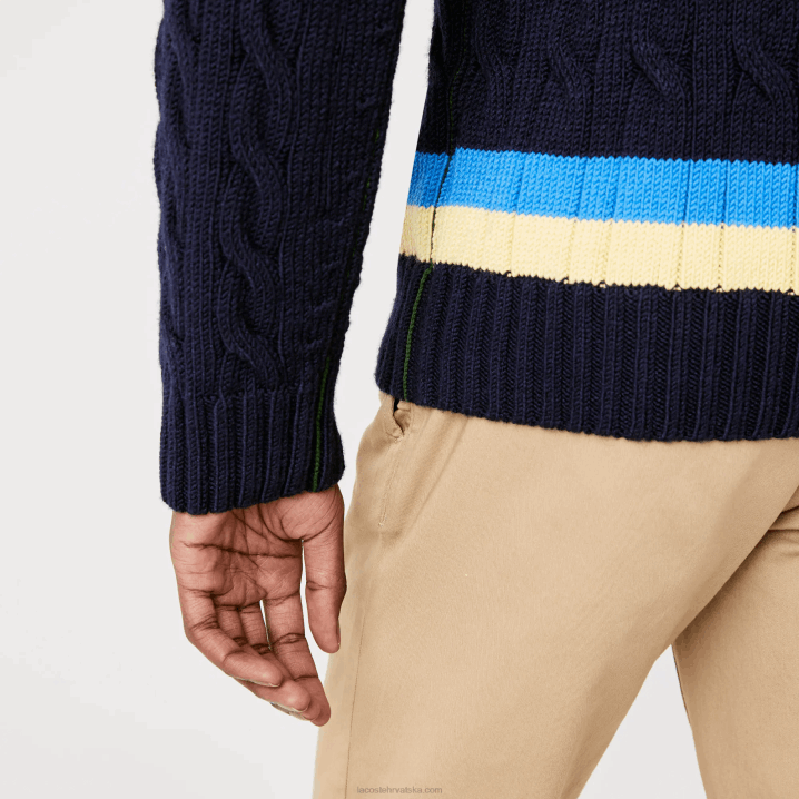 mornarsko plava žuto plava 7kz 6H4B1517 muškarci Lacoste klasični vuneni pulover s kontrastnim prugama