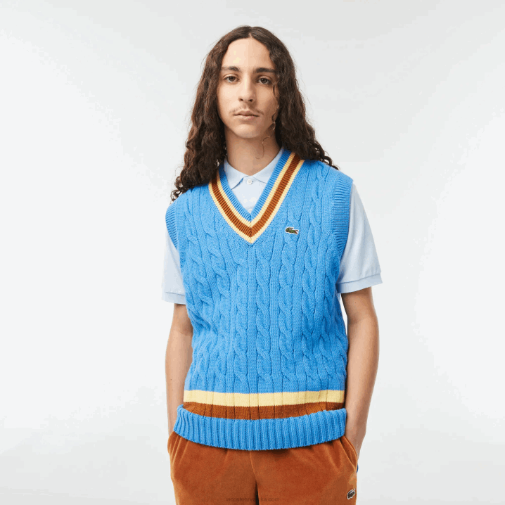 plavo smeđa žuta 7ms 6H4B1470 muškarci Lacoste vuneni džemper prsluk klasičnog kroja