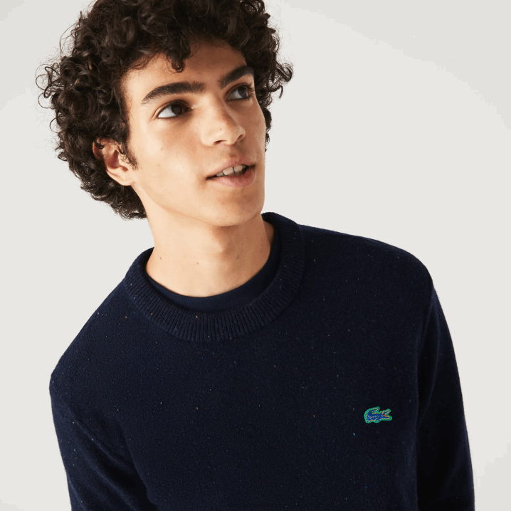 tamnoplava 7cg 6H4B1507 muškarci Lacoste vuneni pulover od žerseja s pjegavim printom uobičajenog kroja