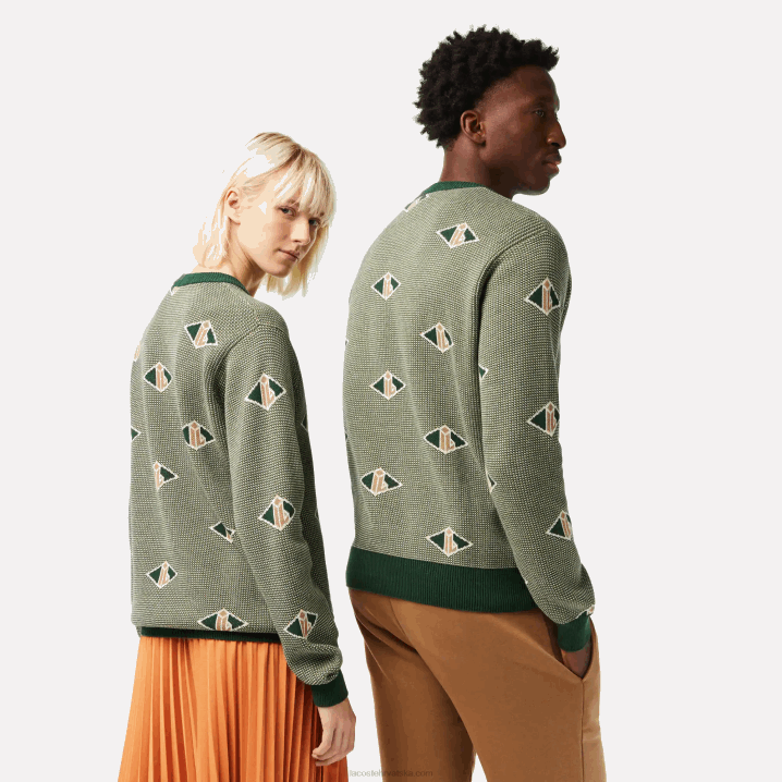 zelena bež bijela lvt 6H4B1504 muškarci Lacoste pulover klasičnog kroja s uzorkom monograma
