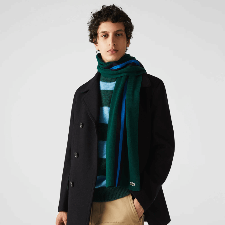 zelena tamnoplava 0wa 6H4B2299 muškarci Lacoste sportski prugasti vuneni šal