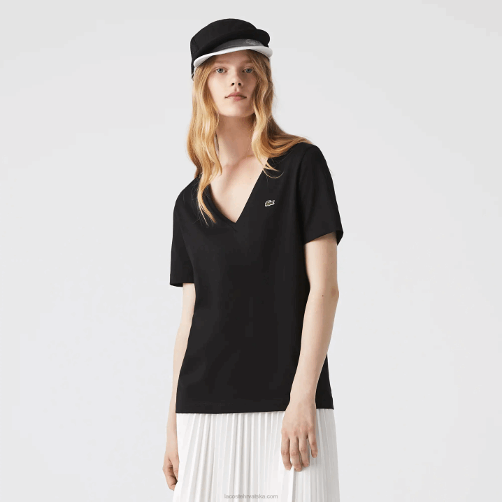 crna 031 6H4B2606 žene Lacoste široka pamučna majica s v-izrezom