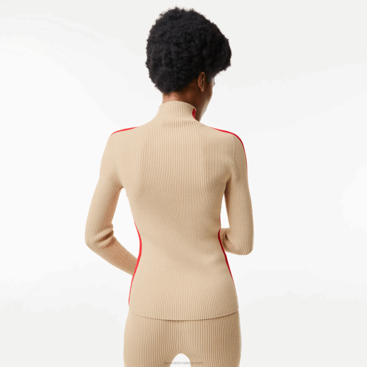 bež crvena vsc 6H4B2657 žene Lacoste bešavni pulover s kontrastnim trakama