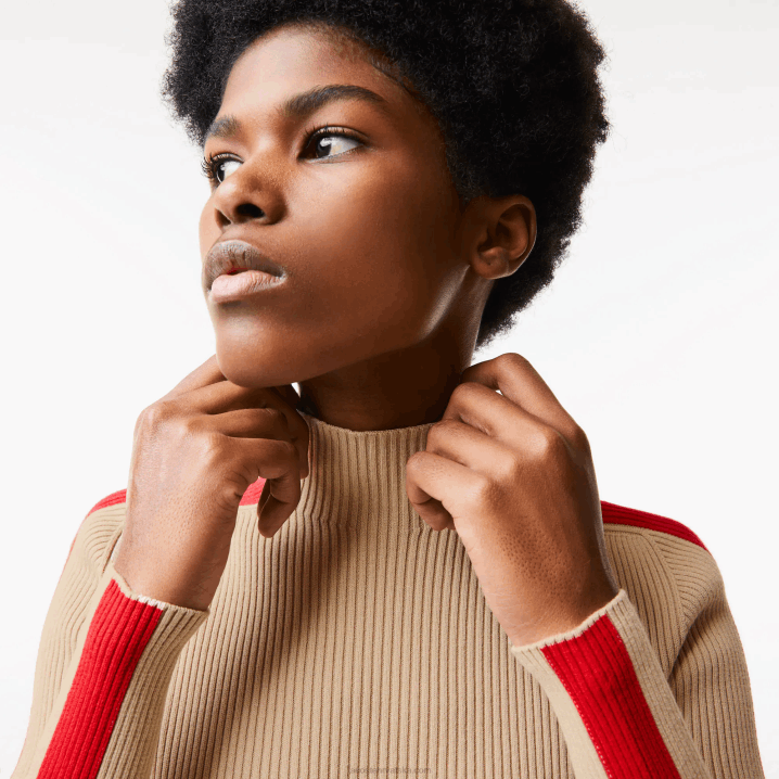 bež crvena vsc 6H4B2657 žene Lacoste bešavni pulover s kontrastnim trakama