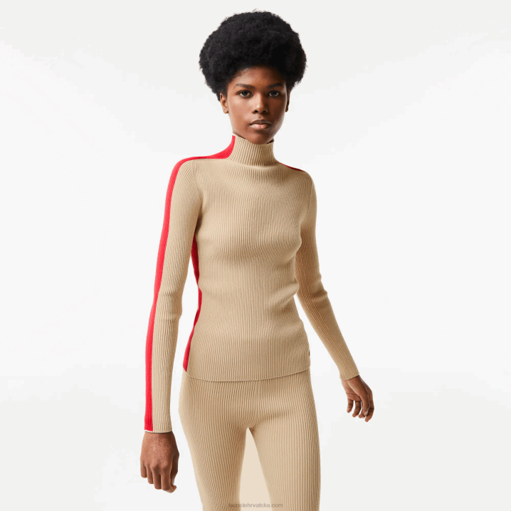 bež crvena vsc 6H4B2657 žene Lacoste bešavni pulover s kontrastnim trakama