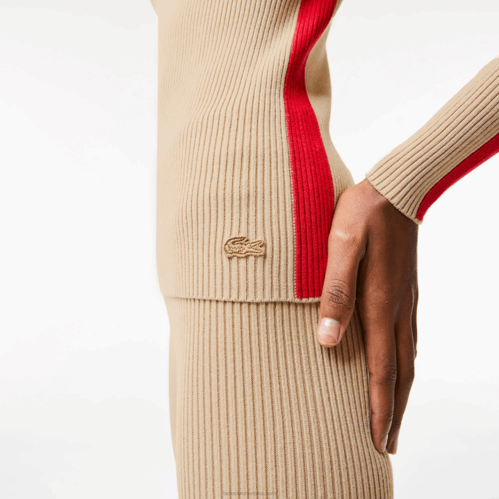 bež crvena vsc 6H4B2657 žene Lacoste bešavni pulover s kontrastnim trakama