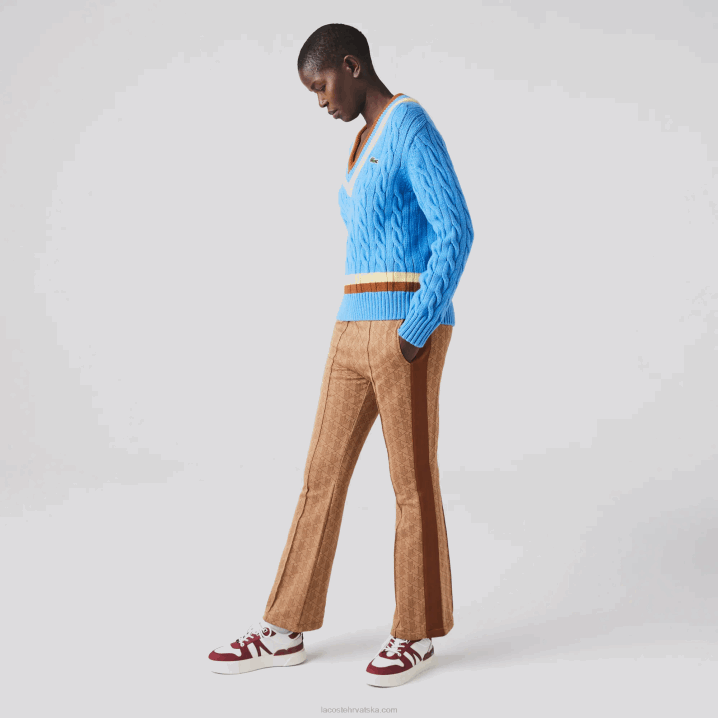 plavo žuto smeđa 060 6H4B2636 žene Lacoste pleteni vuneni džemper s v-izrezom