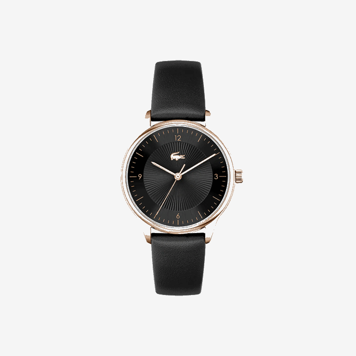 crna 000 6H4B2924 žene Lacoste Club sat s 3 kazaljke - crni s kožnim remenom